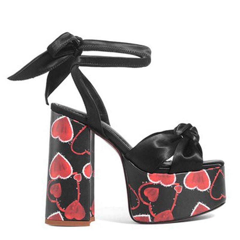 Fish Mouth Thick Sole Thick Heel Colored Walking Sandals with Bow Knot Love Large Strap Super High Heels