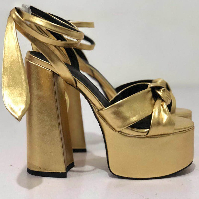 Fish Mouth Thick Sole Thick Heel Colored Walking Sandals with Bow Knot Love Large Strap Super High Heels