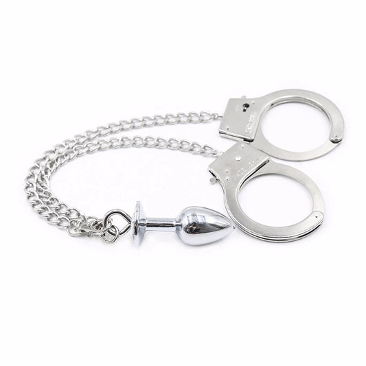 New Metal Bondage Sex Handcuffs Connect with Anal Plug Adult SM Sex Toys Bondage Fetish Sex Products